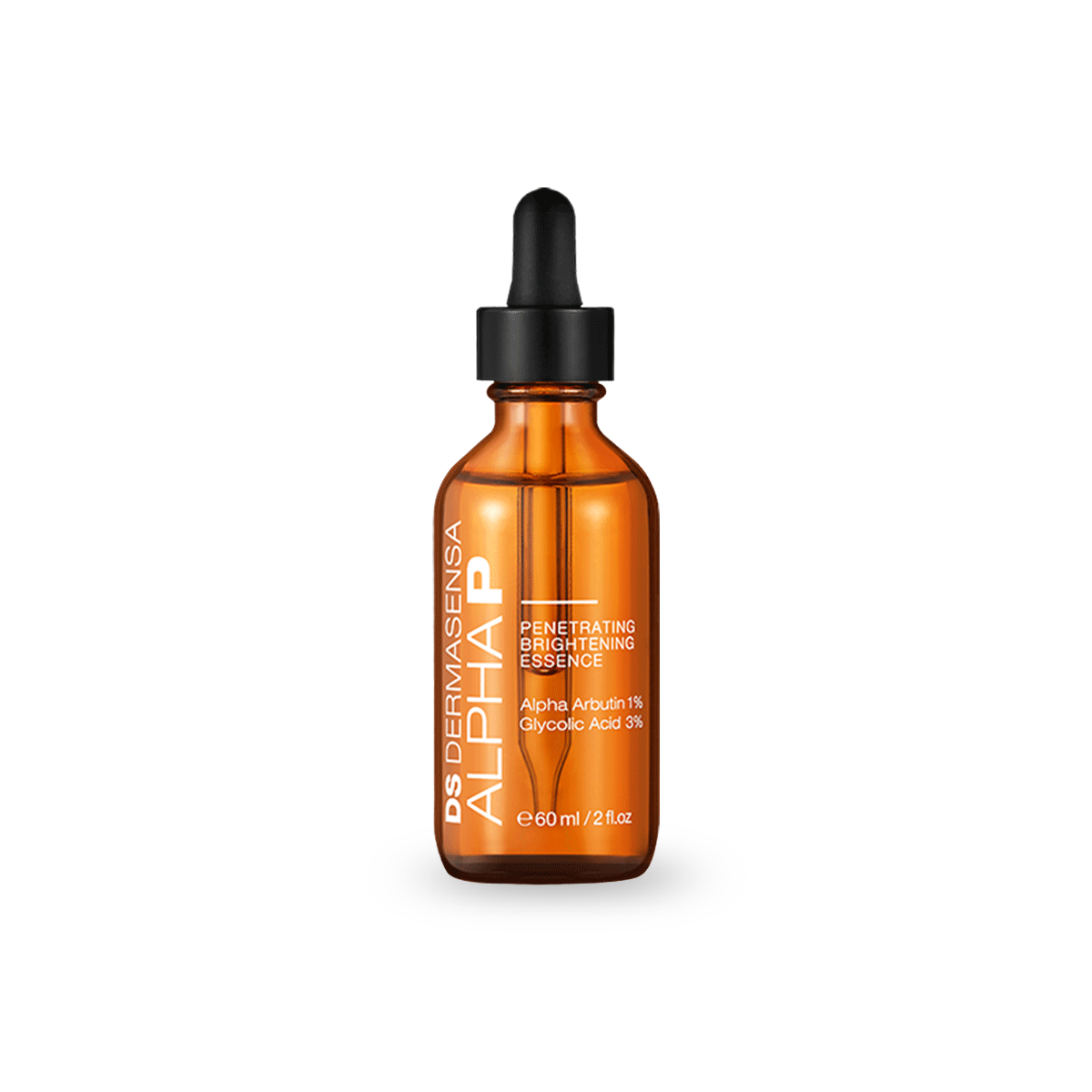 A glass dropper bottle with an orange tint and black dropper cap contains a skincare essence. Labeled