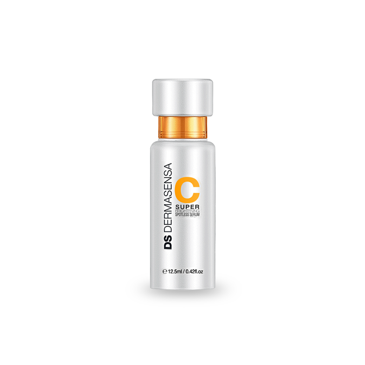 The image shows a small skincare serum bottle with a white label and an orange cap. The label has a large orange letter 'C' and reads 