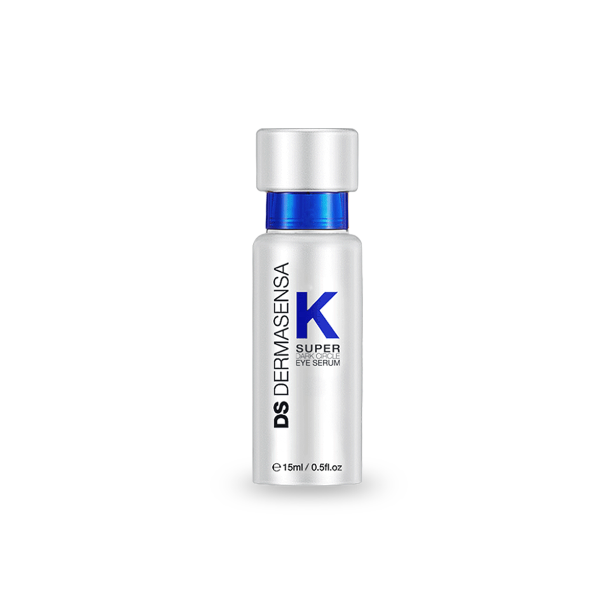 Close-up of the DS DERMASENSA 'K SUPER' Eye Serum bottle with a metallic blue cap and label, indicating the volume as 