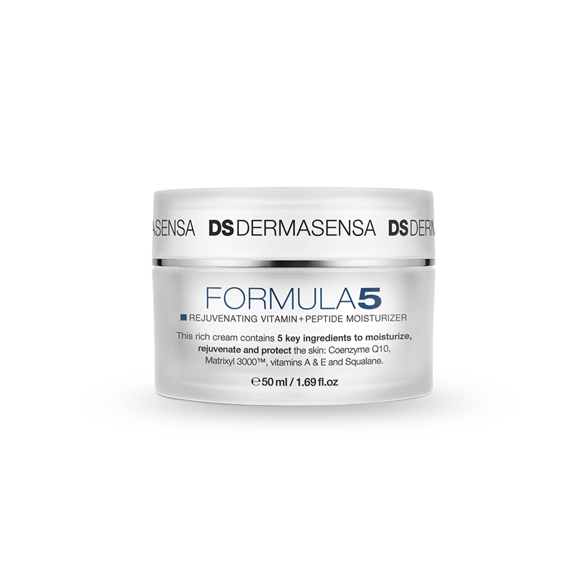 The image shows a container of DS DERMASENSA FORMULA5 Rejuvenating Vitamin + Peptide Moisturizer. The jar is white with a silver band and black text detailing the product and its key ingredients like Coenzyme Q10 and Squalane. It indicates a size of 50ml / 1.69 fl.oz. against a white background.