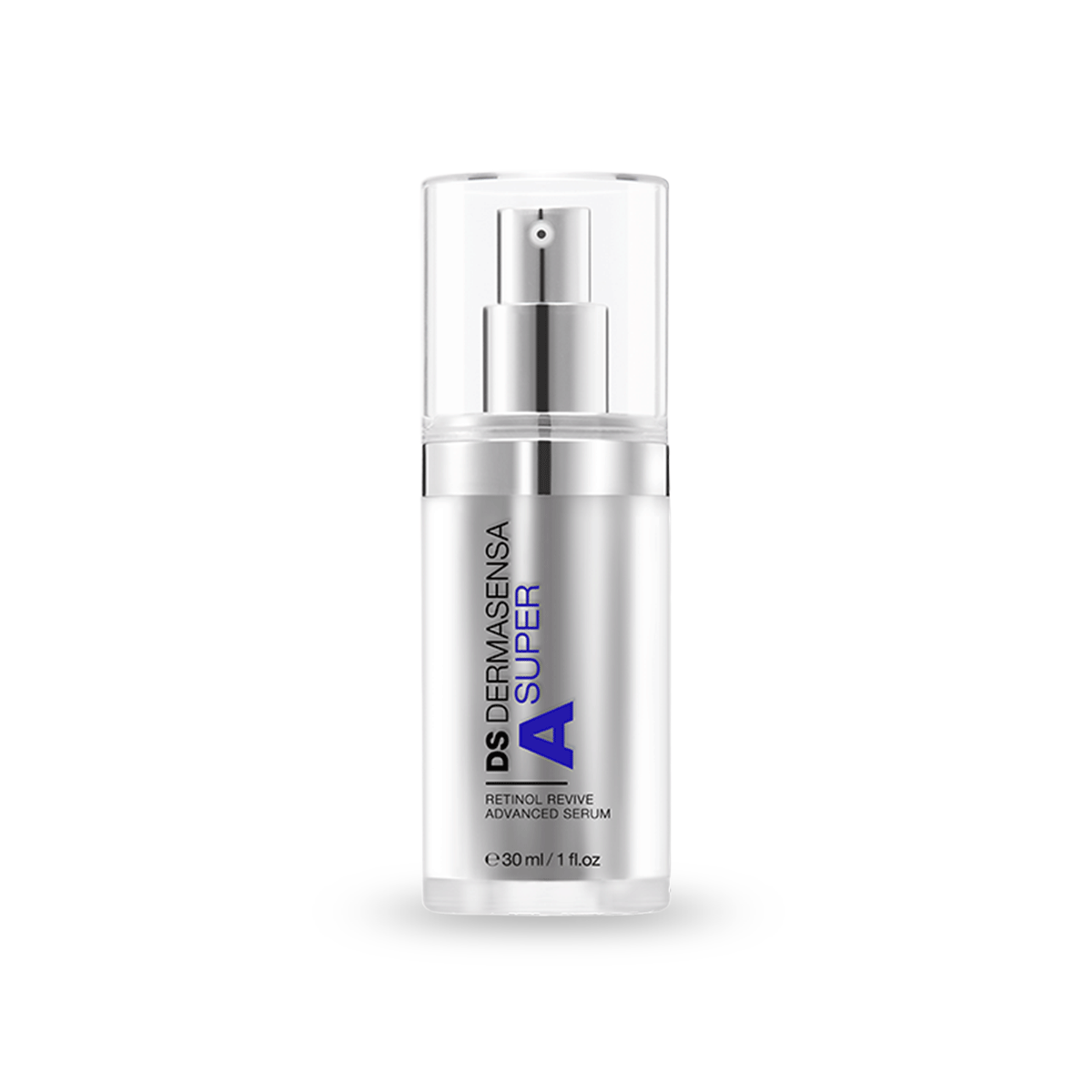 The image shows a skincare serum bottle with a transparent cap. The white and blue label reads 